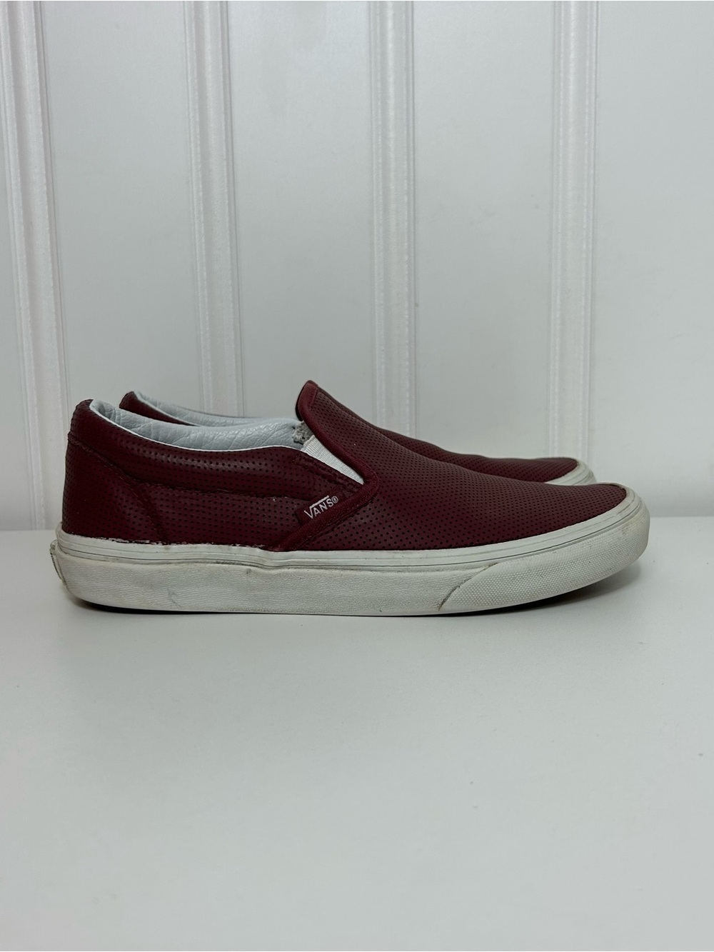 Vans slip on burgundy maroon perforated leather white sole women’s 7.5
